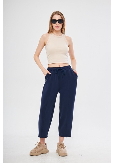 Haki Ultra Yumuşak, Dikiş Detaylı Havuç Kesim Bağcıklı Lastikli Bilek Boy Kadın Modal Pantolon Lacivert