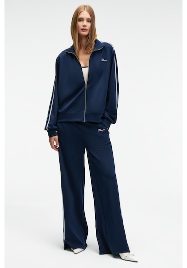 ZINNIE Kadın Regular Nakış Ve Yan Şerit Detaylı Metal Fermuarlı Dik Yaka Lacivert Ceket