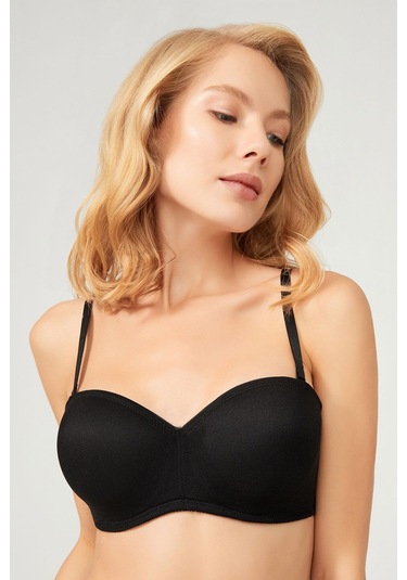 Siyah Balenli Toparlayıcı Dolgusuz Straplez Lotus Sütyen Siyah