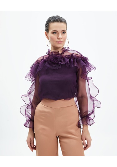 Kadın Volan Detaylı Şifon Bluz Çiçek Yaka Tasarım, Uzun Kollu Mor