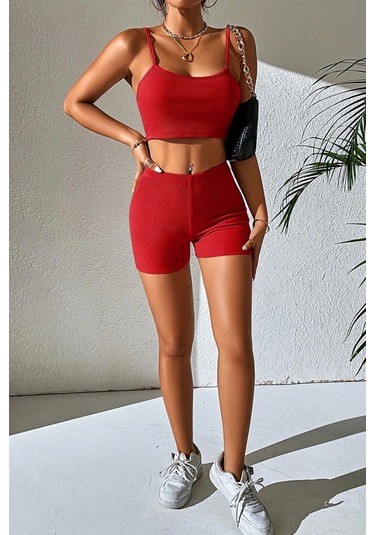 Kadın Kırmızı Şortlu Kaşkorse Gecelik Takım Çok Renkli