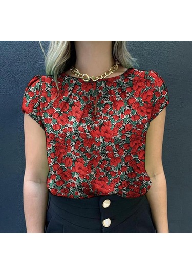 Kırmızı Zanzea Kadın Rahat Kısa Kollu O-boyun Yaz Çiçek Baskı Bluz