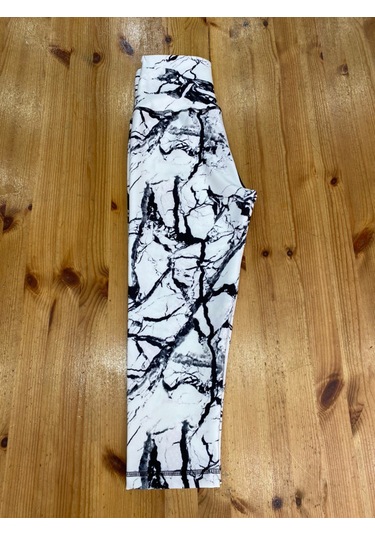 Mermer Desen Toparlayıcı Spor Kapri Tayt Beyaz - Siyah