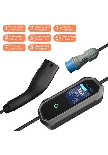 Evcharge 7.4kw Taşınabilir Wi-fi Bluetooth Mobil Uygulama Tp2 Kablolu Çantası Ve 220volt Adaptör 7,4 Kw