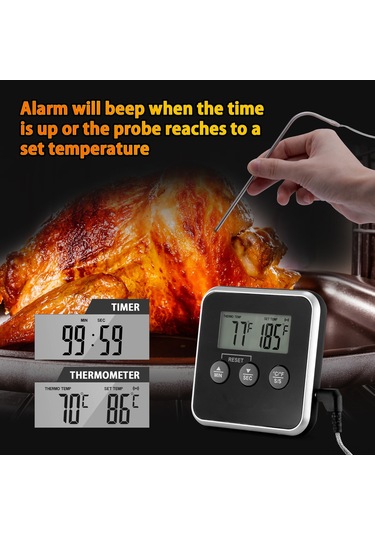Hfambition Siyah Isı Sensörlü Dijital Bbq Termometresi - Isı Ve Zamanlayıcı Fonksiyonlu, Su Geçirmez, 0-300 C Aralığında, 3 Kurulum Seçeneği Çok Renkli