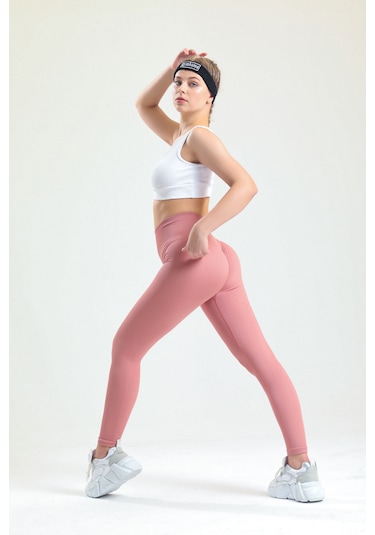 Gymhams Pudra Kalçası Büzgülü Premium Fitilli Ekstra Push Up Yüksek Bel Esnek Spor Tayt Pembe
