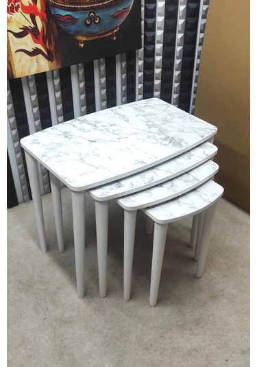 4 Lü Mdf Lam Ahşap Zigon Sehpa Beyaz Mermer