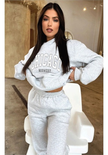 Eşofman Takımı Sweatshirt Jogger - Gri Baskılı Oversize Şardonlu Kapüşonlu Gri