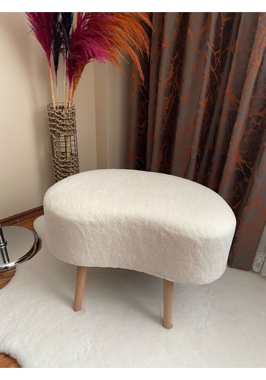 Fasulye Model Ahşap Ayaklı Teddy Kumaş Dekoratif Puf Beyaz