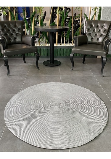 Gri Jüt Yuvarlak Hasır Görünümlü Klasik Halı Kilim Gri