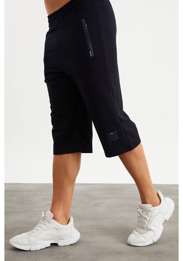 201762 Cep Nakış Detaylı Erkek Kapri-Lacivert