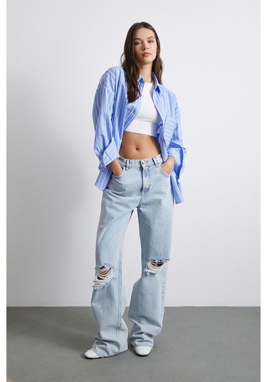 Basic Organik Pamuk Çizgili Gömlek Mavi Mavi