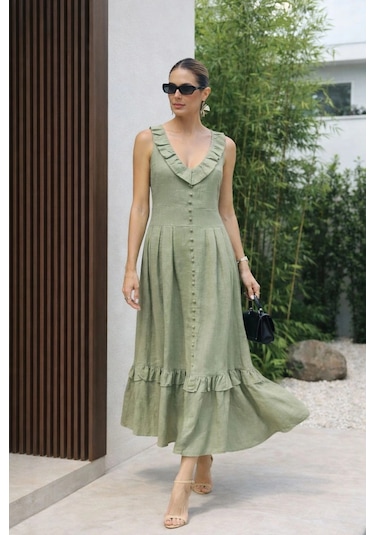 Asprinfashion V Yaka Önü Süs Düğmeli Keten Elbise Haki