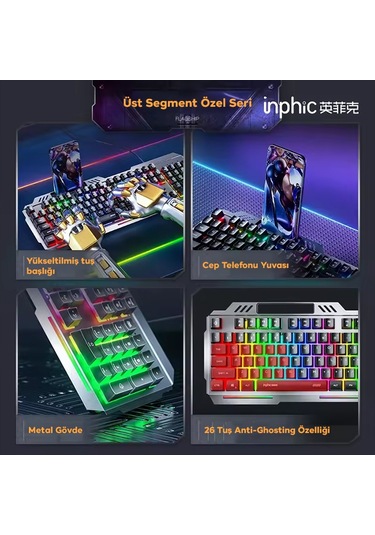 Inphic K2 Usb Kablolu Oyun Klavyesi 104-key Sessiz Oyun Klavyesi Bilgisayar Laptop İçin Cep Telefonu Yerleştirme Alanı