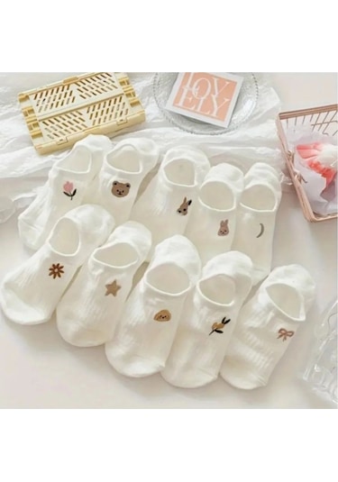 Kadın 10 Çift Premium Çiçek Ve Hayvan Desenli Görünmez Babet Çorap Şeker Beyazı ASORTİ