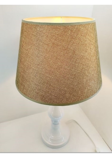 Beyaz Metal Yüksek Ayaklı Kahverengi Kumaş Şapkalı Abajur Kahverengi