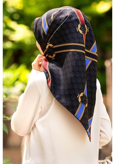 Vissona Siyah Saks Karma Desen Tivil İpek Eşarp 10653-0001-0032