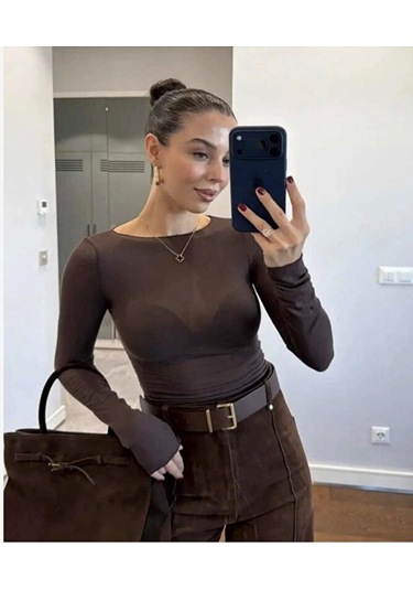 Pantofashion Kayık Yaka Modal Kaşmir Ultra Hafif Bluz Kahverengi