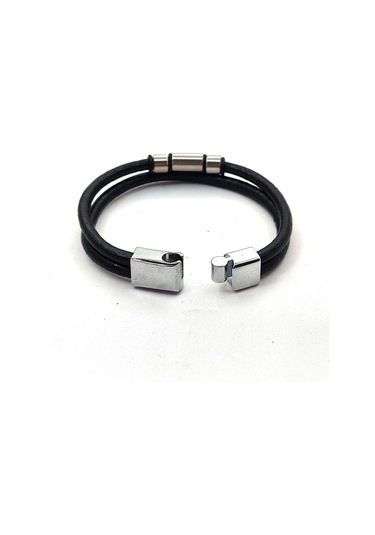 Çelik Aparatlı Mıknatıs Kilitli Deri Bileklik Siyah