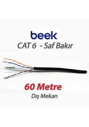 Beek Cat6 U-utp Saf Bakır Dış Mekan Data Kablosu 4x2x23 Awg Pe Siyah Renk 60 Mt