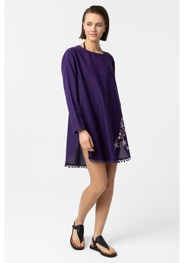 Mor Nakış İşlemeli Uzun Kollu Pamuklu Bluz Elbise Mor