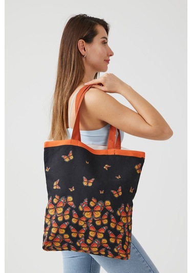 Ays Home Kelebek Desen Siyah Bez Alışveriş Plaj Omuz Çantası Siyah