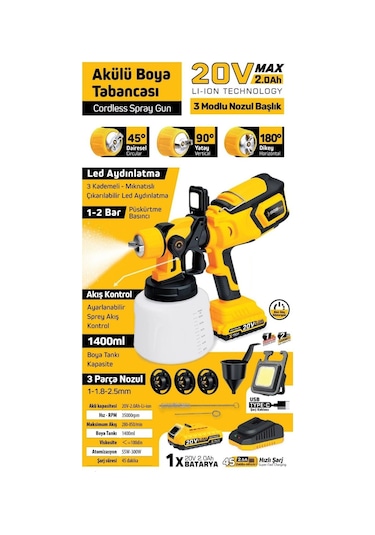 Sgs 5460 20V 2AH Akülü Boya Püskürtme Tabancası