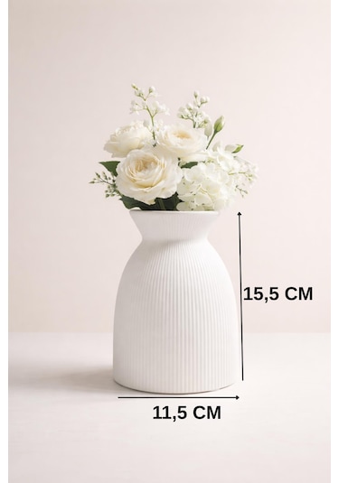 Beyaz Seramik Çizgiliz Vazo Modern Trend Tasarım Beyaz