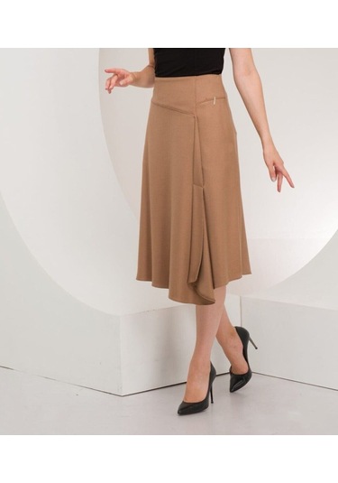 Kadın Flanel Kumaş Yırtmaçlı Etek Frn4051 CAMEL
