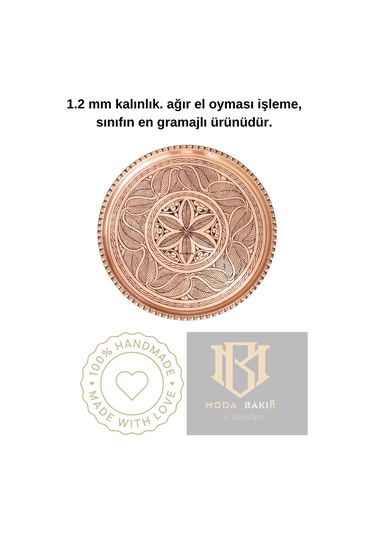 Modabakir Bakır Ağır Oyma İşlemeli Tepsi 1.2 Mm Kalınlık Model:344433 Bakır