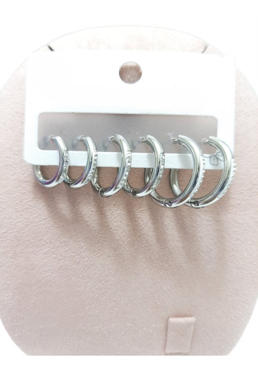 Çelik Küpe 3'lü Zirkon Taşlı Halka Model 1-2 Mm Kaliteli Çelik Gümüş Silver Gümüş