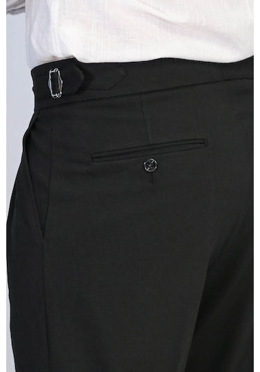 Siyah Çift Pileli Tokalı Yüksek Bel Slim Fit Pantolon Wessi Siyah