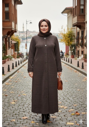 Hesna Kadın Nurel Büyük Beden Kışlık Kare Çıtçıtlı Kahve Pardesü Kahverengi
