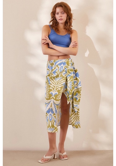 Never More Yırtmaçlı Desen Etek Mavi