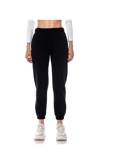 Kadın Ekru Renk Elastik Paça Örme Jogger Eşofman Altı Cy84200 Siyah