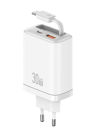Usams Cc296 30w Hızlı Şarj Cihazı Ab Tak Telefon Adaptörü, Tip-c Geri Çekilebilir Kablo Beyaz