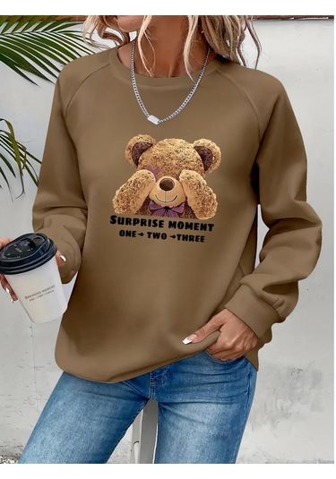 Leyla Sanat Sanata Yeni Bir Bakış Açısı Kadın Uzun Kollu Bisiklet Yaka Ayıcık Desenli Viskon Iki Iplik Bluz Kahve