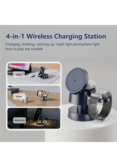 Motion003 Koyu Gri Gece Lambali 4u 1 Arada Manyetik Kablosuz Sarj Cihazi İphone Uyumlu 16 15 14 13 12 Promax Plus Se İwatch 10 9 8 7 Ultra Airpods 3 2