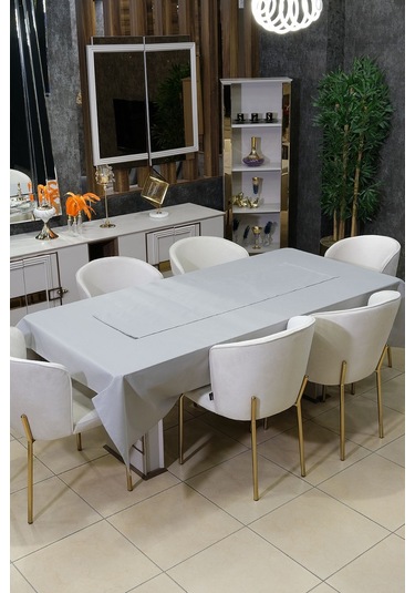 Dream 8 Parça Masa Örtüsü Seti Çeyiz Seti Salon Masa Örtüsü, Runner, 6'lı Peçete Açık Gri