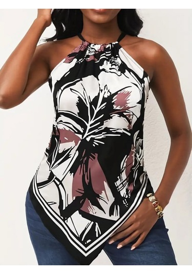 Modaserdem Kadın Üçgen Kesim Boyundan Bağlamalı Çiçek Desen Süprem Bluz Desenli