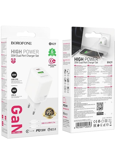 Borofone Bn29 Fuente Pd30w + Qc3.0 Şarj Seti 1m Tip-c Tip-c Kablosu İle, Fiş Tipi: Ab Fiş Beyaz Beyaz