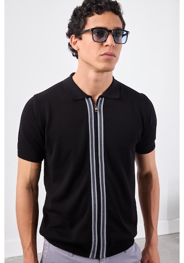 Siyah Polo Fermuar Yaka Düz Kısa Kollu Slim Fit Erkek Triko Siyah