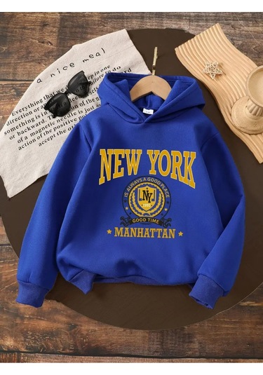 Kışlık Kapüşonlu Sweatshirt, Çocuk New York Manhattan Baskılı Mavi