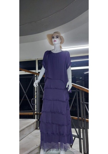 İtalyan 2 Beden İnce Gösteren Yarım Kol Kat Kat Ipek Elbise Mürdüm