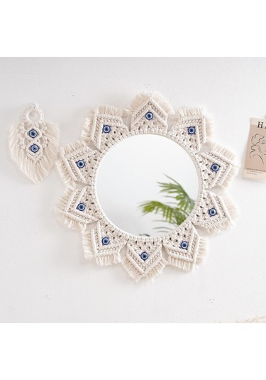 Pazly Suntek Saçaklı Makrome Magideal Ayna Ks Beyaz