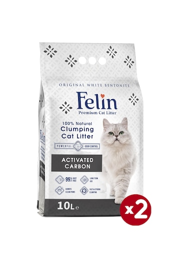 Felin Aktif Karbonlu Topaklaşan İnce Bentonit Kedi Kumu 2 x 10 L