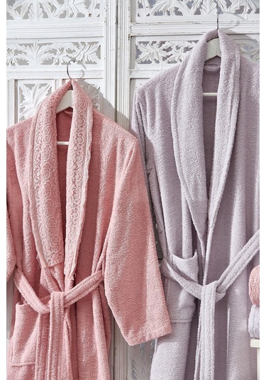 Family Dantelli Pudra & Lila Aile Bornoz Seti 6 Parça Çeyizlik Ka