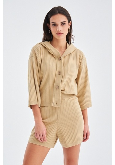 Peraluna Mujo Cardıgan & Shorts %100 Pamuk Kadın Triko Şort Takım Bej
