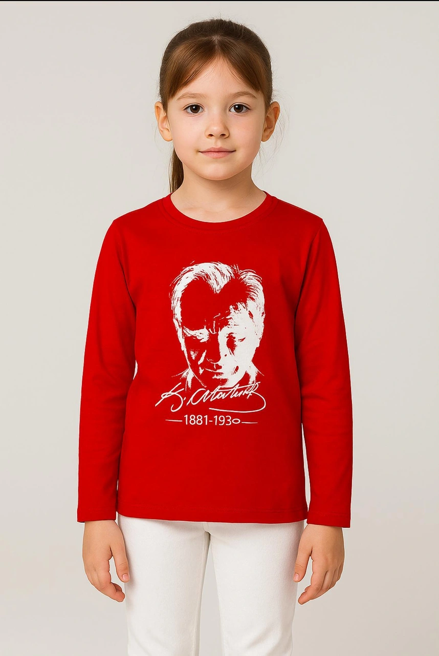 Gala Atatürk Baskılı Uzunkol Ünisex Çocuk Tişört Kırmızı