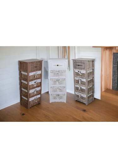 Ahşap 5 Çekmeceli Hasır Görünümlü Sebzelik Beyaz